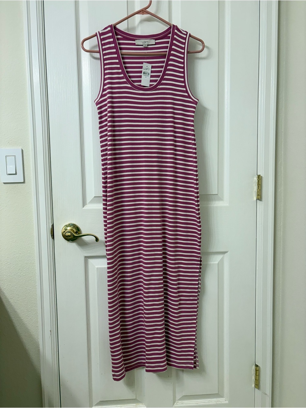 LOFT Striped Sleeveless Dress in Berry and White